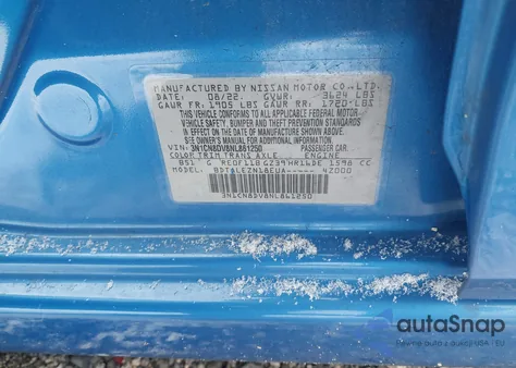 2022 Nissan Versa S z USA, uszkodzony, nr VIN 3N1CN8DV8NL861250